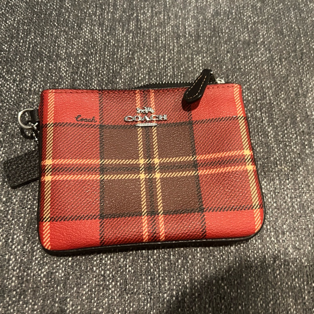 Coach Red and Brown Plaid Card Pouch